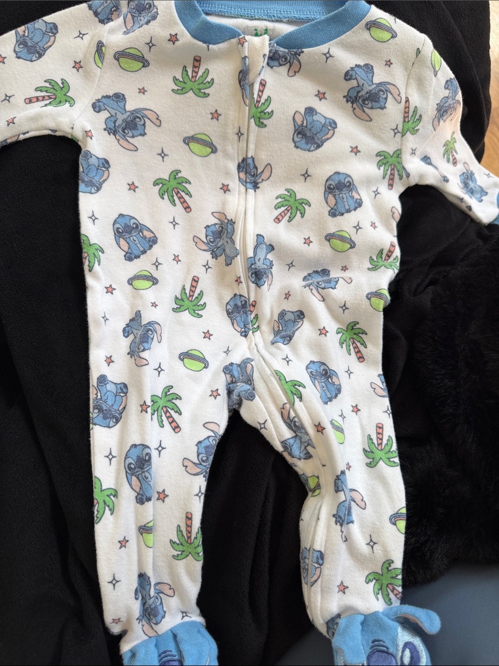 Disney White Fleece Stitch Print Footie Pajamas with Blue Trim